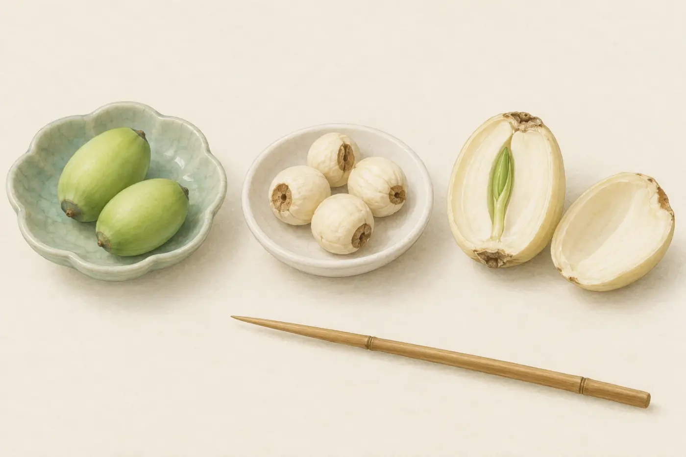 Close observation of whole, peeled and split lotus seeds
